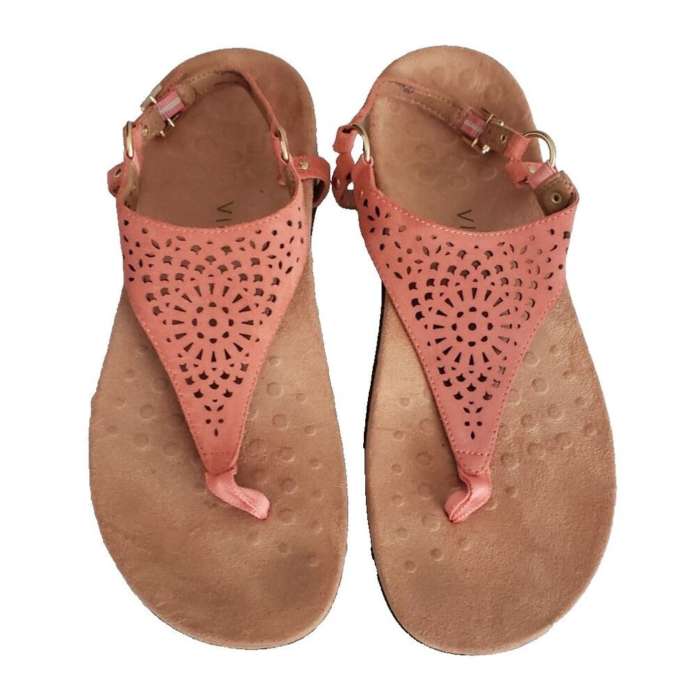Vionic Kirra T Strap Thong Sandal Coral Laser Cut Suede Size 9.5 Buckle Strap